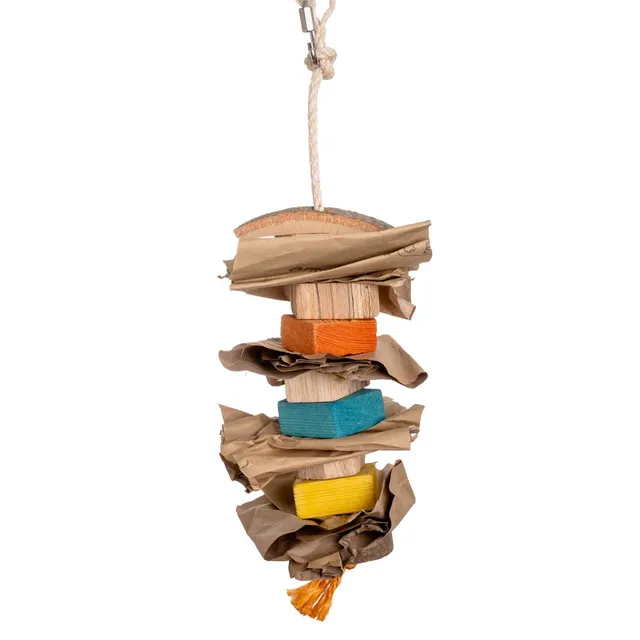 rico-s-futterkiste-knabberpapier-mit-buntem-holz-papageienspielzeug-35-cm image 1